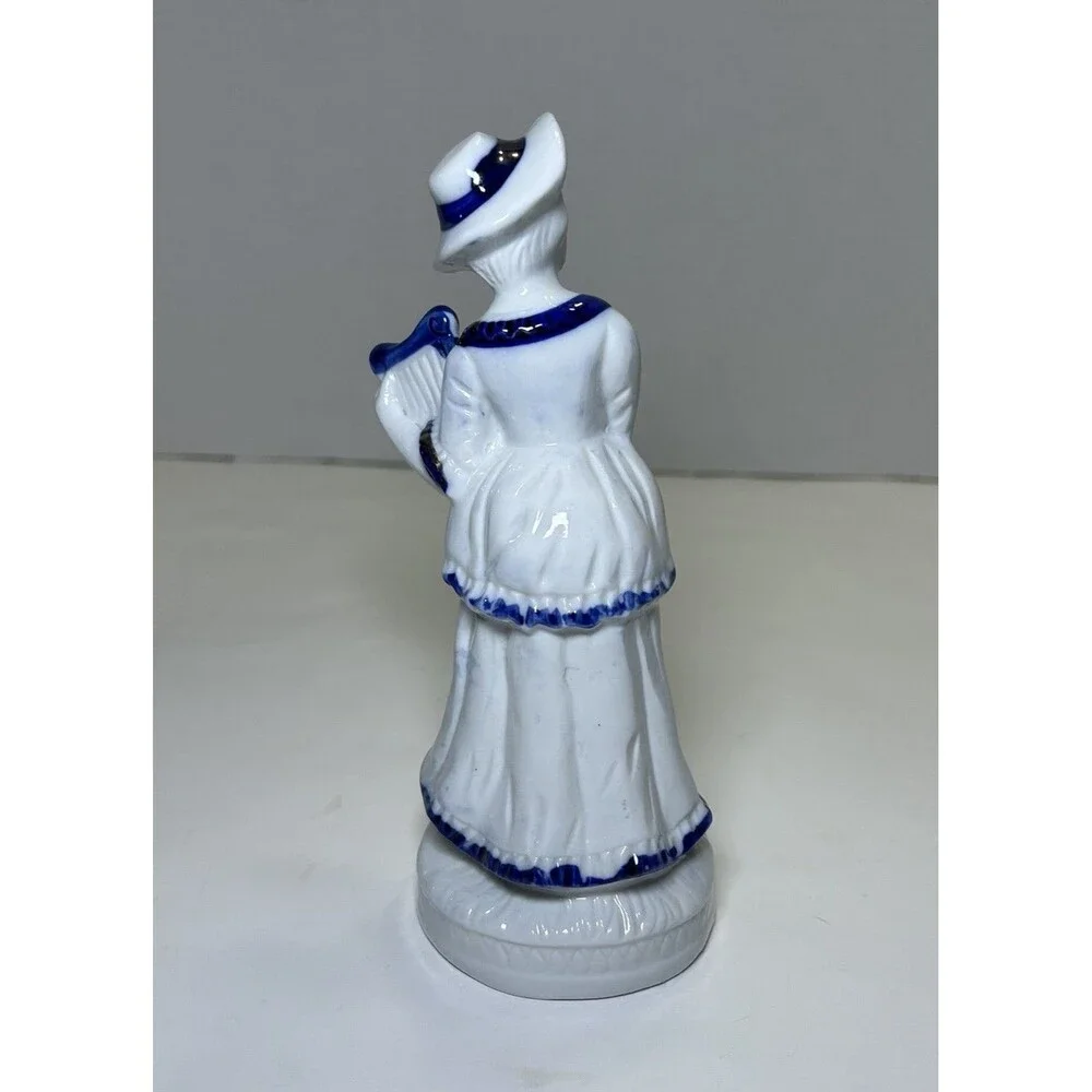 Vintage Victorian/Colonial Porcelain Women Playing Instrument White/Blue Decor